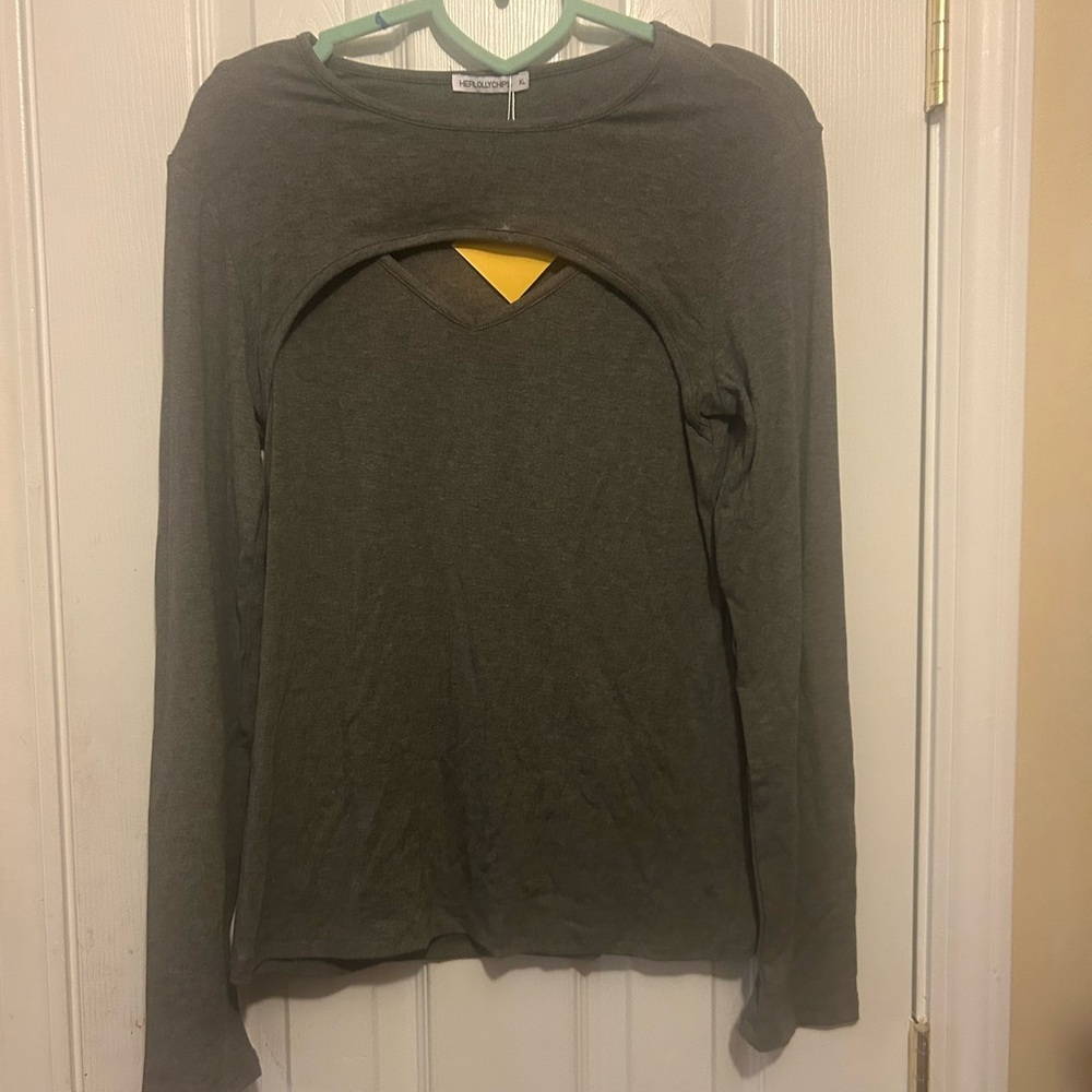 Womens👩🏻Long Sleeve Mock Neck Cutout Front Ribbed Fitted Sexy Tee T-Shirts Sz XL
